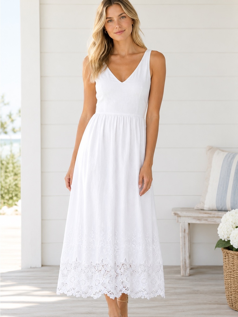 Lauren Ralph Lauren Sz M White Sleeveless Cotton Dress Embroidered Crochet Hem